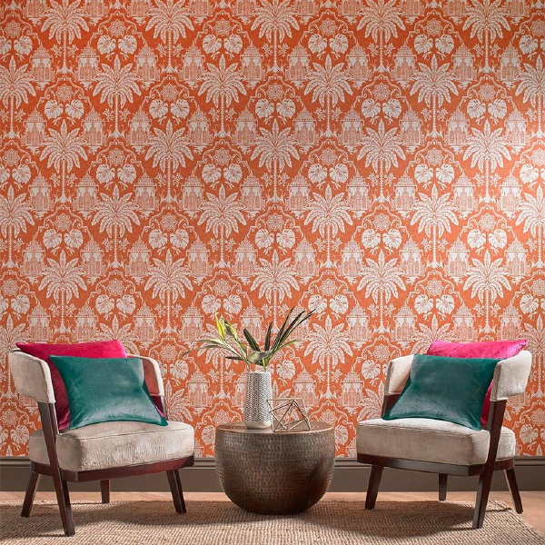 Graham & Brown behang collectie Imperial – Imperial orange wallpaper – MEER Graham & Brown behang… (Foto Graham & Brown  op DroomHome.nl)