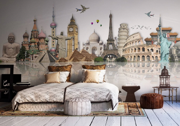 Fotobehang trends 2018 – Pixers fotobehang monumenten uit steden als het Colosseum, Eiffeltoren, piramiden, The Statue of Liberty, Big Ben etc. (Foto Pixers  op DroomHome.nl)