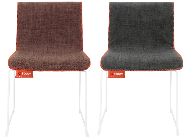 Verwarmde overlay, soort deken in verschillende moderne kleuren voor op stoel, fauteuil en bank, design Stoov. (Foto Stoov  op DroomHome.nl)