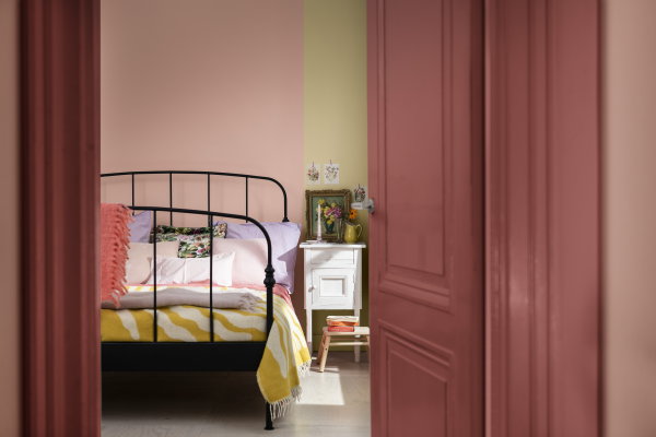 Flexa kleuren trends 2023 palet Buzz verf kleuren in de slaapkamer inspiratie (Foto: Flexa Kleurentrends 2023, Flexa.nl op DroomHome.nl)