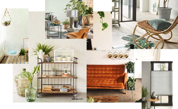 Interieurstijl Nature’s Welcome Home – Fotocollage van de interieur kleuren groen, grijs, cognac, hout kleuren en echte planten (Foto Decorette, Desso, Flexa, Eijffinger, Andrew Spencer op DroomHome.nl)