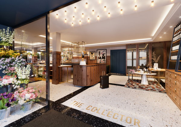 The Collector hotel Den Haag – Hotellobby in de stijl van vintage uit de jaren ’50 en ’60, plus klassiek en modern luxueus design (Foto Hotel The Collector  op DroomHome.nl)