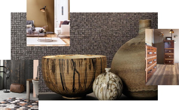 Interieurstijl Brown’s Best – Fotocollage van de interieur kleur bruin (Foto Decorette, Flexa, Coretec, Desso op DroomHome.nl) 
