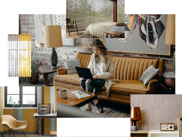 Interieurstijl Vintage Vibe – Fotocollage van de Retro interieur kleuren oker, bruin, groen, spiced honey (Foto Decorette, Flexa, Hookedonwalls, Luxaflex, Brooke Cagle op DroomHome.nl) 