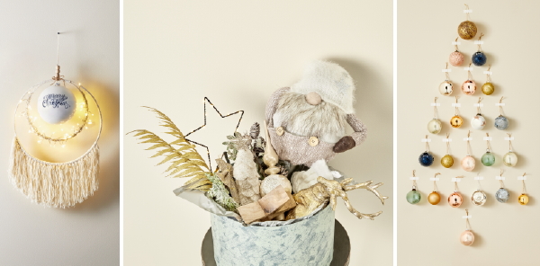 Kerst 2018 – Kerstdecoratie in natuurlijke materialen en pastel kleuren – kerstballen, kerstmannen, kerstslingers (Foto Bol.com  op DroomHome.nl)