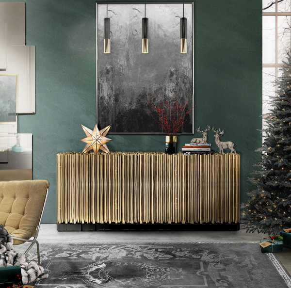 Kerst 2019: Boca do Lobo cabinet - sideboard dressoir Symphony met luxe kerstdecoratie versiering (Foto Boca do Lobo  op DroomHome.nl)