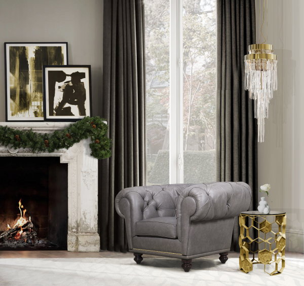 Kerst 2019: Boca do Lobo armchair: NU Chesterfield fauteuil met luxe kerstdecoratie versiering (Foto Boca do Lobo  op DroomHome.nl)