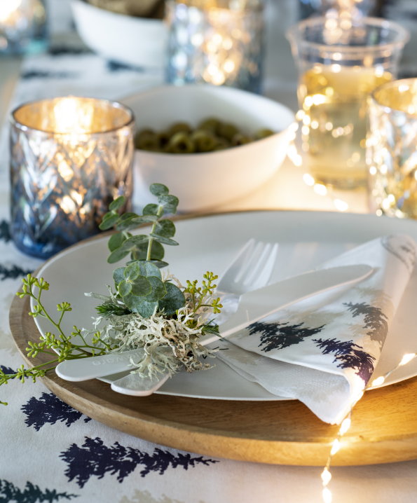 Kersttrend 2019 Mystic Nature – Natuurlijke kerstdecoratie op gedekte kersttafel in de kerstkleuren: wit, blauw, goud en turquoise (Foto Louis Lemaire, Intratuin  op DroomHome.nl)