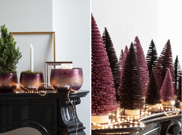 Kersttrend 2019 Shades of Glamour – Kleine kerstboompjes en kaarsenhouders in de kerstkleuren: tinten roze, paars en zwart (Foto Louis Lemaire, Intratuin  op DroomHome.nl)