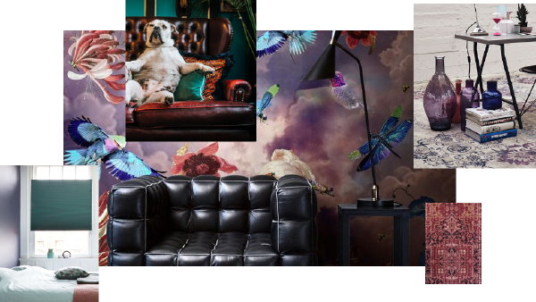 Interieurstijl Daring Dream – Fotocollage van de interieur kleuren wijnrood, grijsgroen en paars (Foto Decorette, Bonaparte, BN Wallcoverings, Paolo Nicolello op DroomHome.nl) 