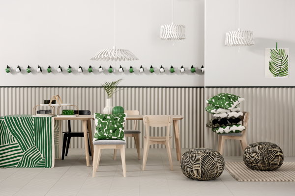 IKEA lente woontrends 2024 – Natuurlijke tinten groen in de IKEA woonaccessoires als IKEA tafelkleed, kussens, poefs en vloerkleed (Foto: IKEA  op DroomHome.nl)