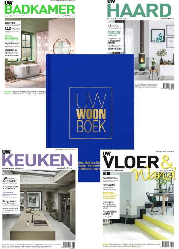 Hardcover UW Woonboek 2023 + glossy 4 UW Woonmagazines (UW Badkamer, UW Keuken, UW Haard en UW Vloer) samen bestellen - Pagina’s volop genieten van de laatste wooninspiratie – HIER bestellen!