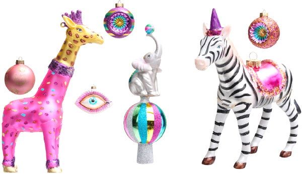 Foute Fred van Leer kerstballen 2022 collectie van Shoeby – supersized dieren kerstballen, grote giraffe en zebra unicorn kerstbal en olifant piek (Foto: Shoeby  op DroomHome.nl)