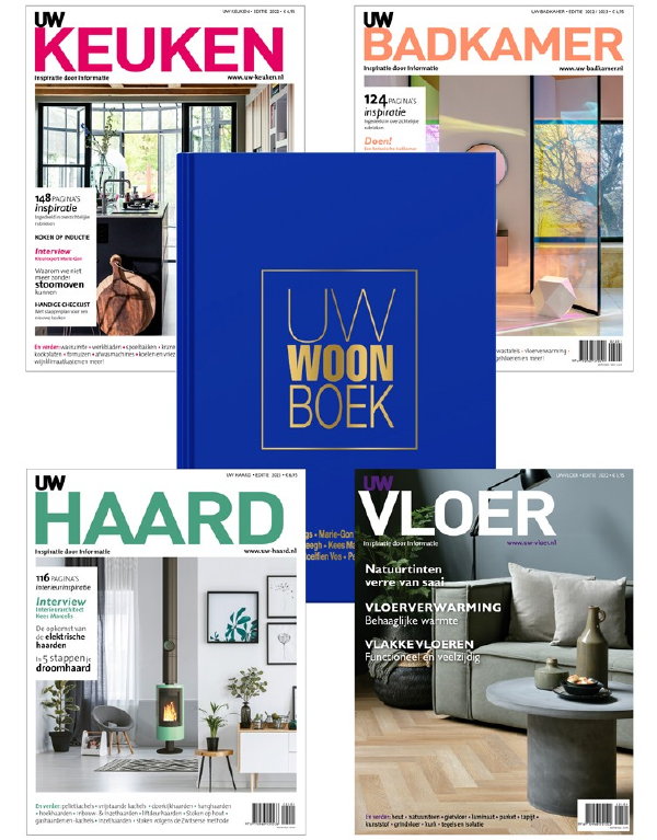 Hardcover UW Woonboek 2023 + glossy 4 UW Woonmagazines (UW Badkamer, UW Keuken, UW Haard en UW Vloer) samen bestellen - Pagina’s volop genieten van de laatste wooninspiratie – HIER bestellen!