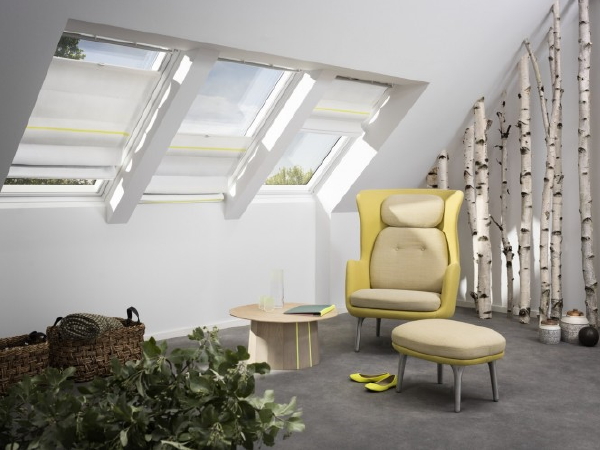 Raambekleding: Design Vouwgordijnen voor Dakramen, Velux Colour Collection Ontwerp Scholten & Baijings. (Foto Velux  op DroomHome.nl)