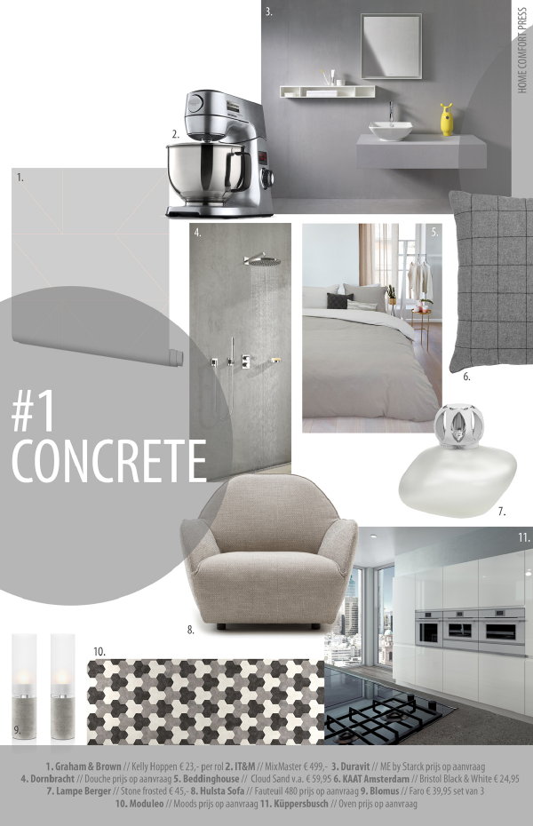 Kleur & Interieur Trends: Concrete – Beton Moodboard met Grijze meubels en Woonaccessoires – MEER Kleur & Interieur.. (Foto HCP  op DroomHome.nl)