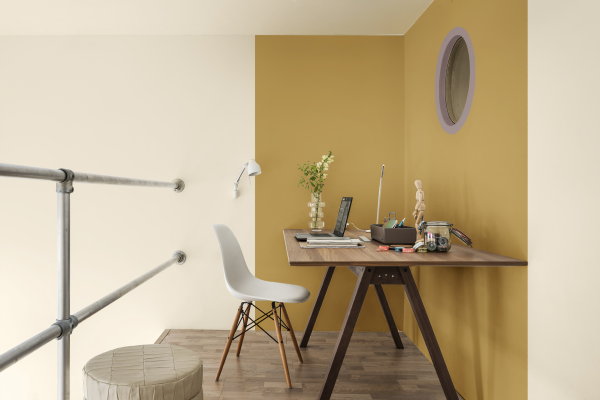 Kleurtrend 2018 The Playful Home – Inspirerende Ruimte in een Palet van Groen, Geel en Goud – Werkplek Thuis. (Foto Flexa  op DroomHome.nl)